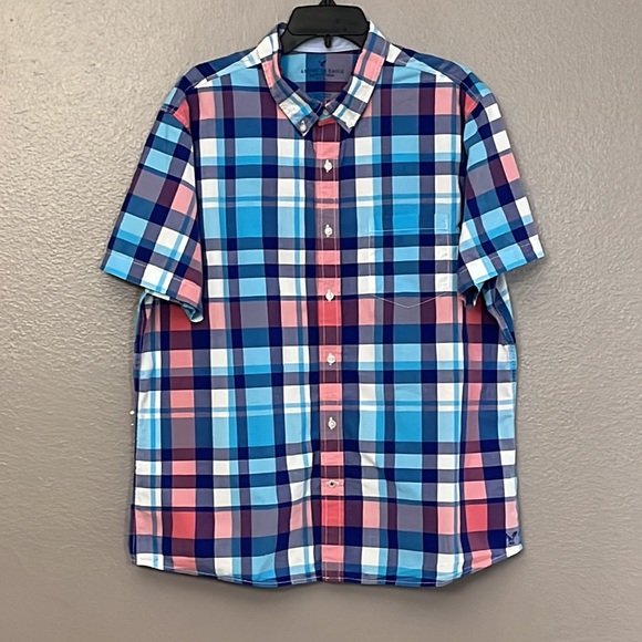 American Eagle Men’s Slim fit Plaid Shirt Sleeve Button down collared Shirt XL - Picture 2 of 10